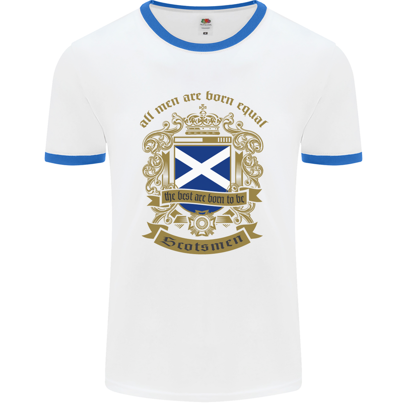 All Men Are Born Equal Scotland Scottish Mens White Ringer T-Shirt White/Royal Blue