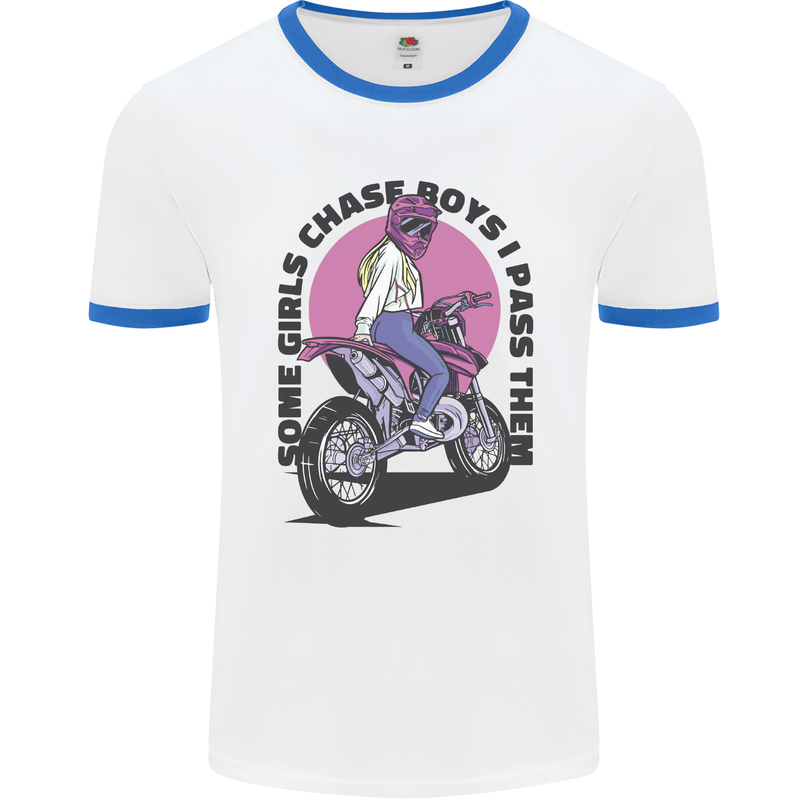 Some Girls Chase Funny Biker Motorcycle Mens White Ringer T-Shirt White/Royal Blue