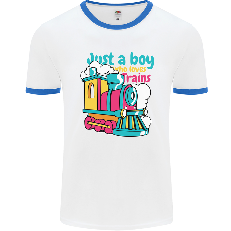 Just a Boy Who Loves Trains Spotter Engine Mens White Ringer T-Shirt White/Royal Blue