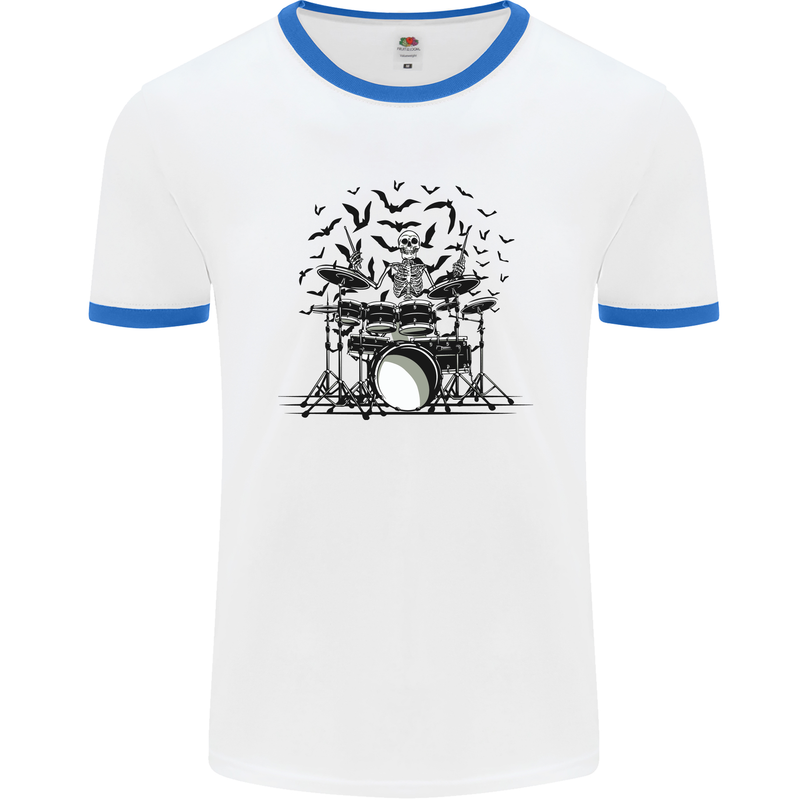 Skeleton Drummer Drumming Drum Skull Funny Mens White Ringer T-Shirt White/Royal Blue