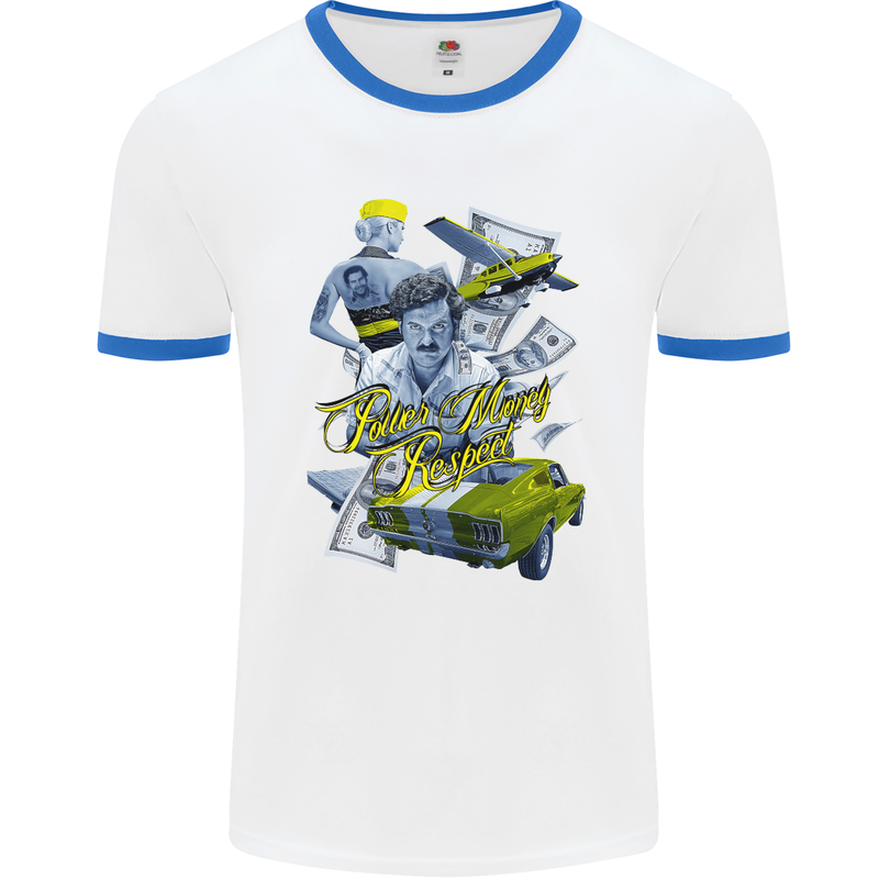Pablo Escobar Power Money Respect Mens White Ringer T-Shirt White/Royal Blue
