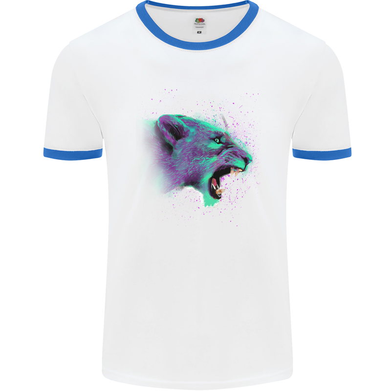 A Watercolour Lion Mens White Ringer T-Shirt White/Royal Blue