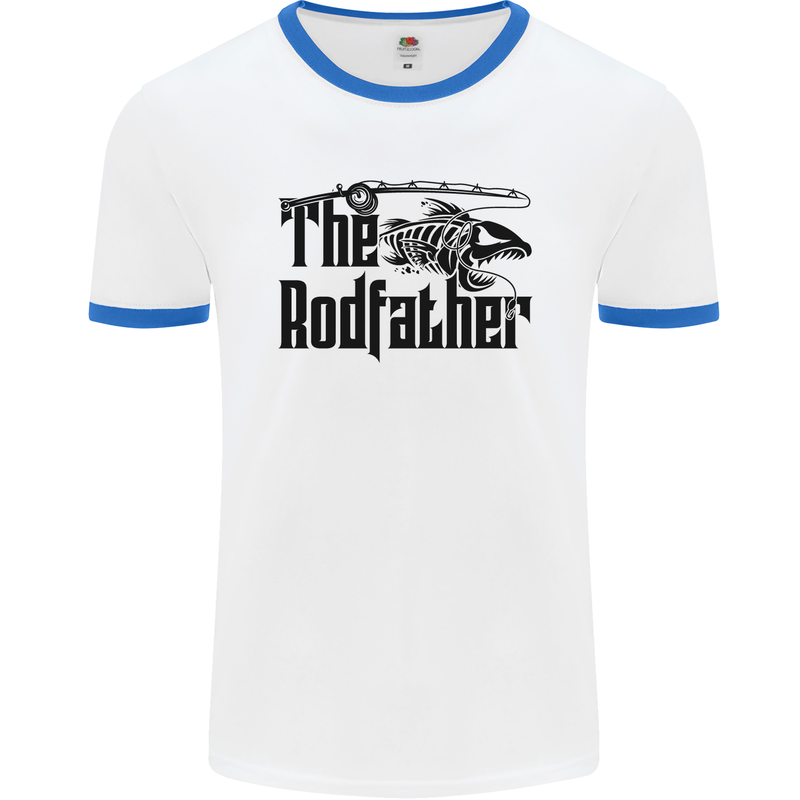 The Rodfather Funny Fishing Rod Father Mens White Ringer T-Shirt White/Royal Blue