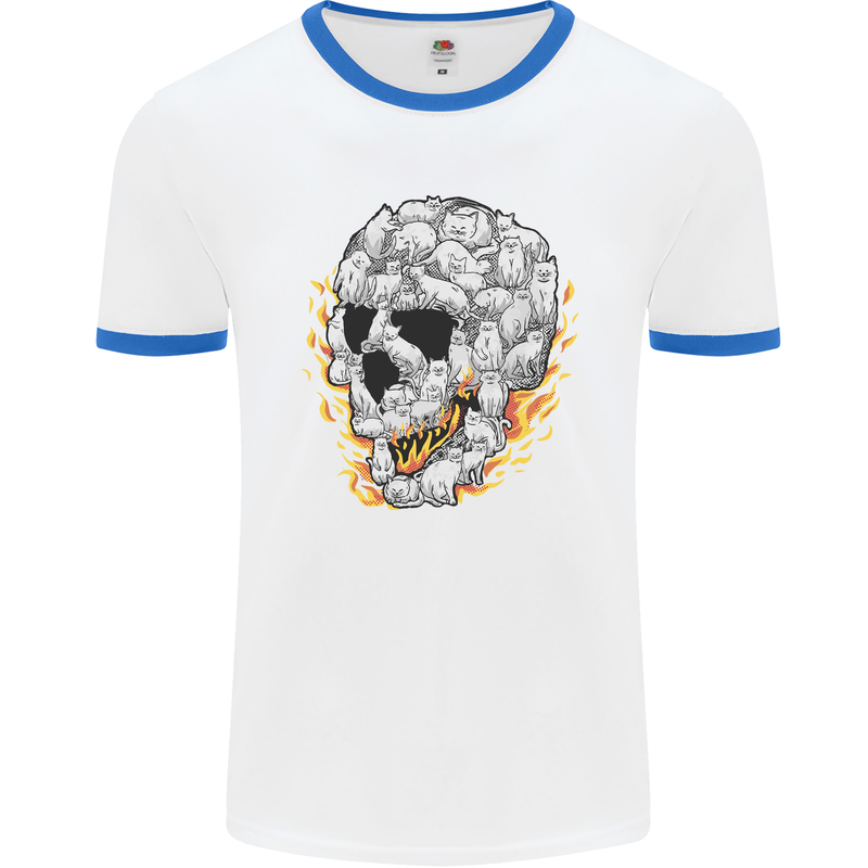 Fire Skull Made of Cats Mens White Ringer T-Shirt White/Royal Blue