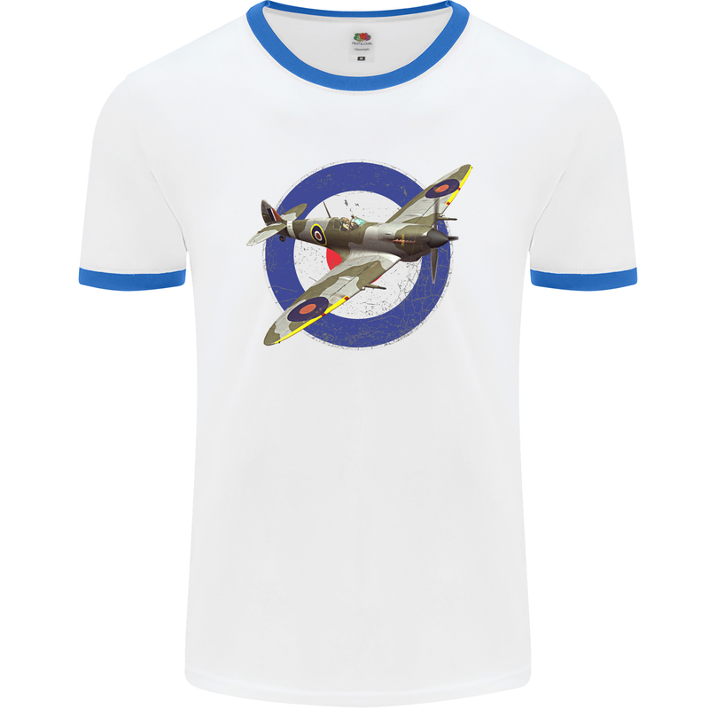 Spitfire MOD RAF WWII Fighter Plane British Mens White Ringer T-Shirt White/Royal Blue