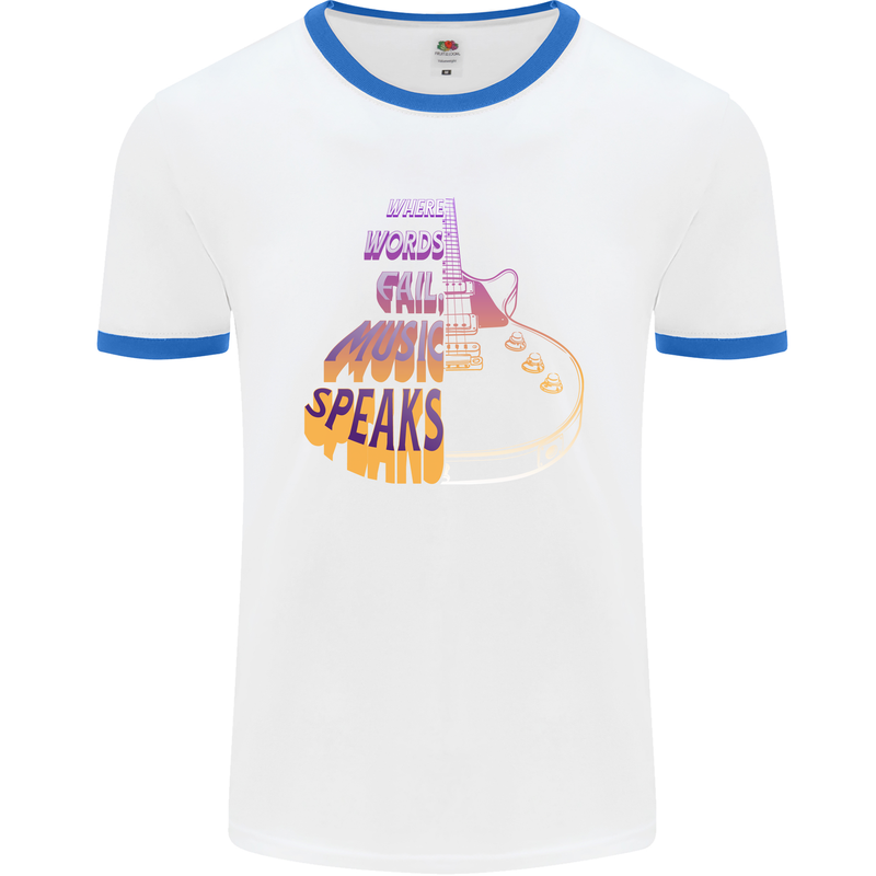 Where Words Fail Music Speaks Guitar Rock Mens White Ringer T-Shirt White/Royal Blue