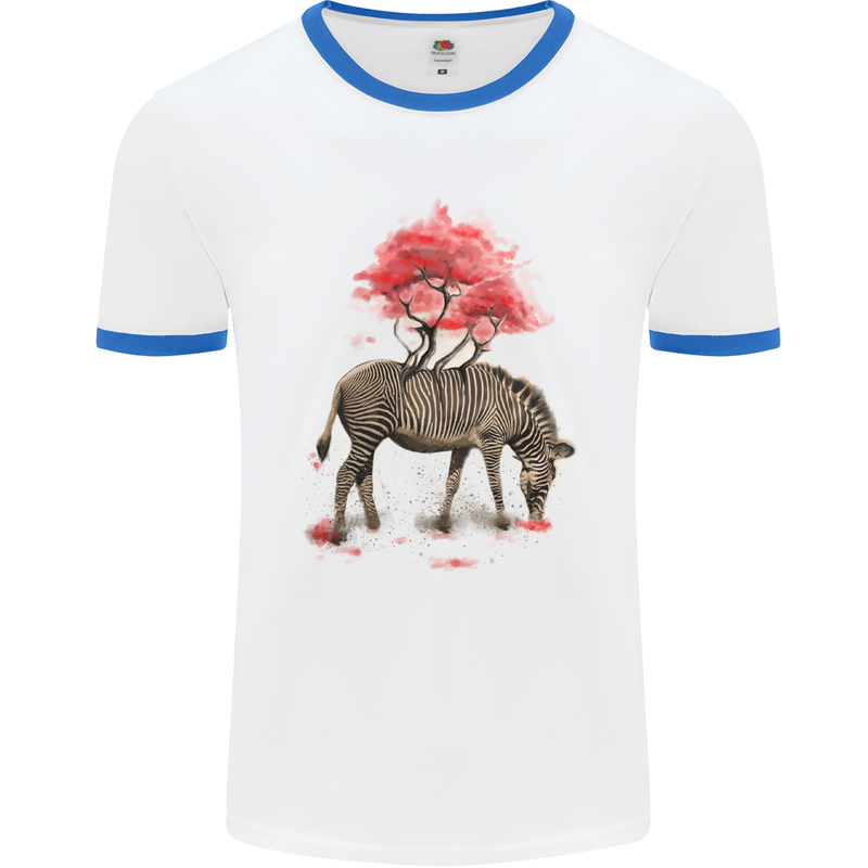 Zebra and Tree Watercolour Mens White Ringer T-Shirt White/Royal Blue