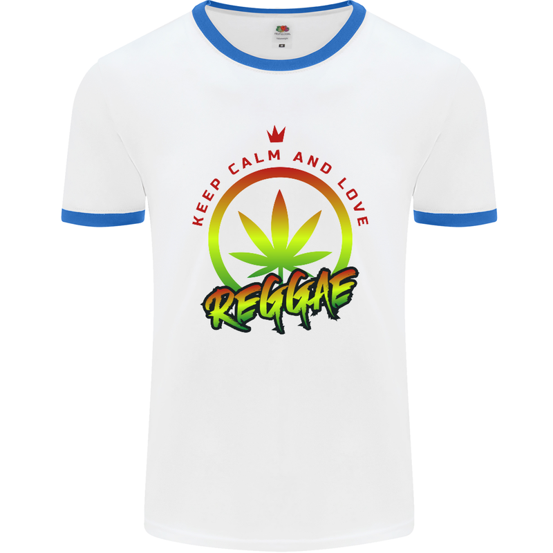 Keep Calm and Love Reggae Music Mens White Ringer T-Shirt White/Royal Blue