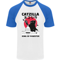 Catzilla Funny Cat Parody Mens S/S Baseball T-Shirt White/Royal Blue