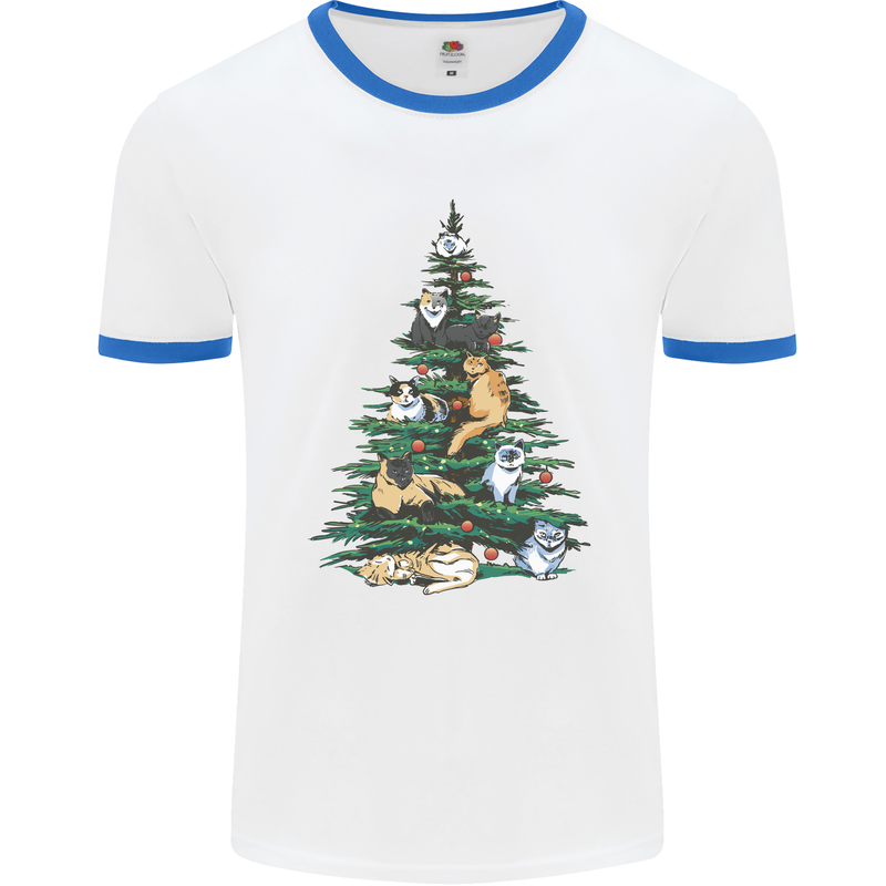 Cat Christmas Tree Mens White Ringer T-Shirt White/Royal Blue