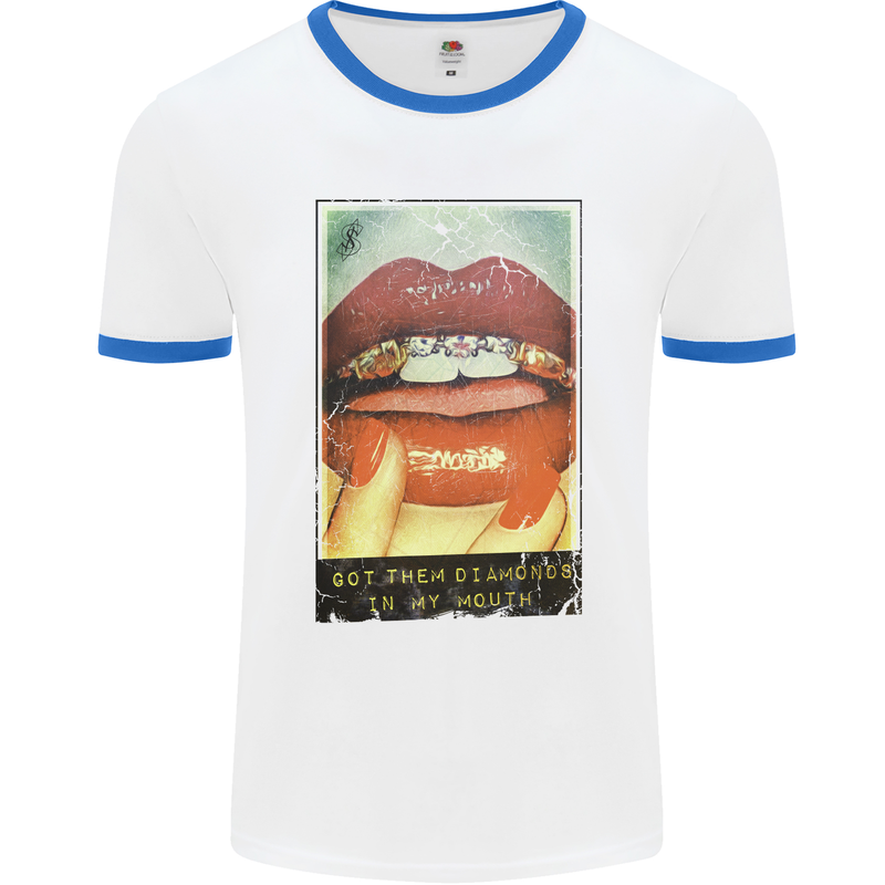 Got Them Diamonds in My Mouth Mens White Ringer T-Shirt White/Royal Blue