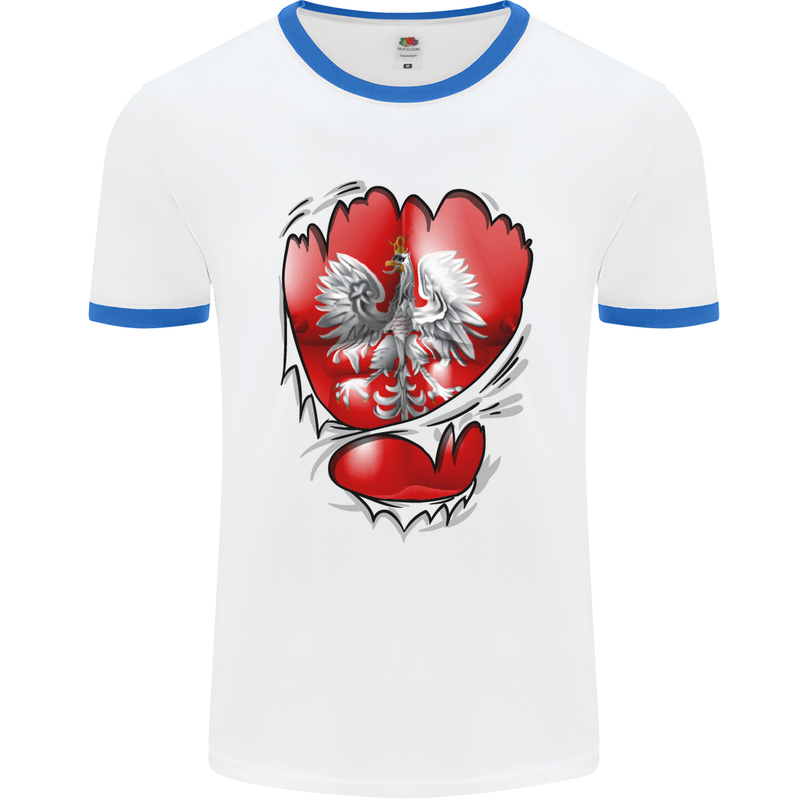 Gym The Polish Flag Ripped Muscles Poland Mens White Ringer T-Shirt White/Royal Blue