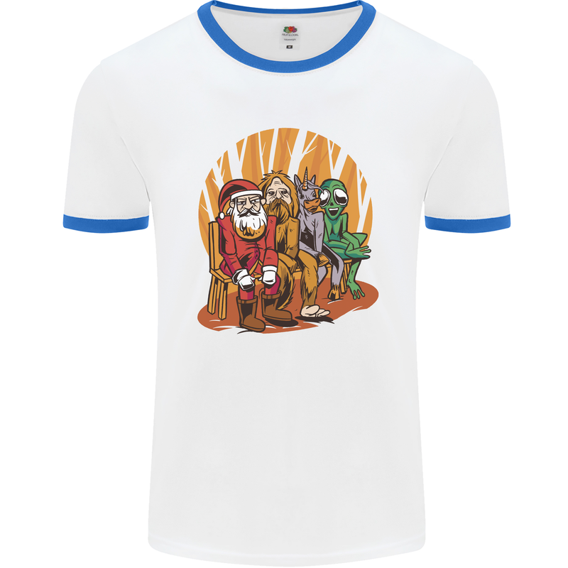 Christmas Santa Claus Bigfoot Unicorn Alien Mens White Ringer T-Shirt White/Royal Blue