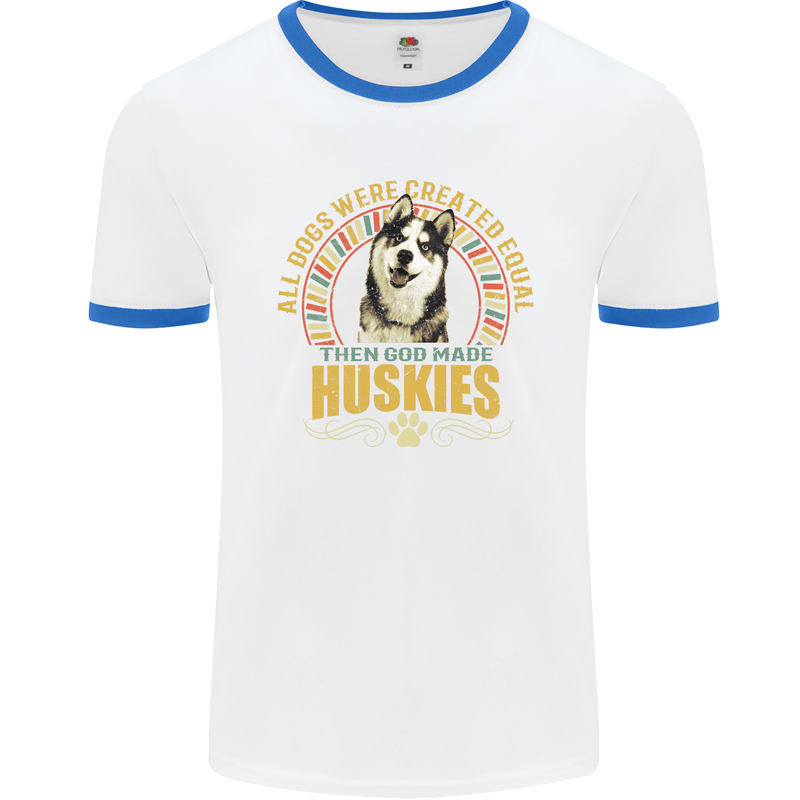 A Huskies Dog Mens Ringer T-Shirt White/Royal Blue