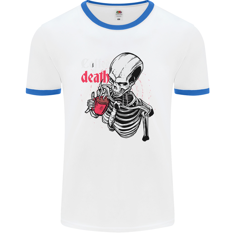 Coffee or Death Skull Mens White Ringer T-Shirt White/Royal Blue