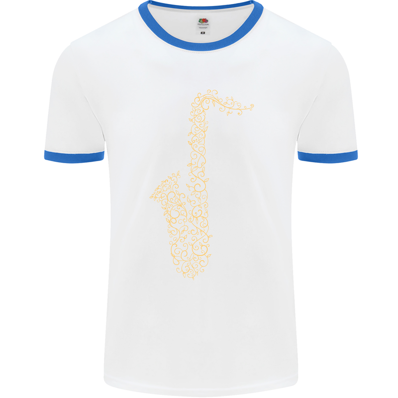 A Saxaphone Musical Instruments Brass Band Mens White Ringer T-Shirt White/Royal Blue