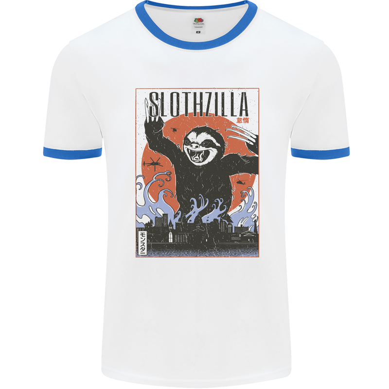 Slothzilla Funny Sloth Parody Mens Ringer T-Shirt White/Royal Blue