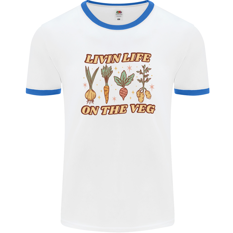 Vegan Living Life on the Veg Vegetarian Mens White Ringer T-Shirt White/Royal Blue