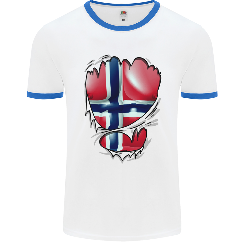 Gym Norwegian Flag Ripped Muscles Norway Mens White Ringer T-Shirt White/Royal Blue