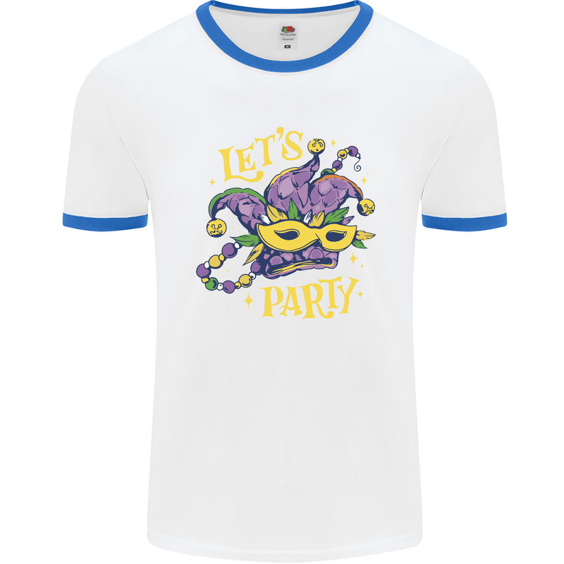 Mardi Gras Lets Party Mens Ringer T-Shirt White/Royal Blue