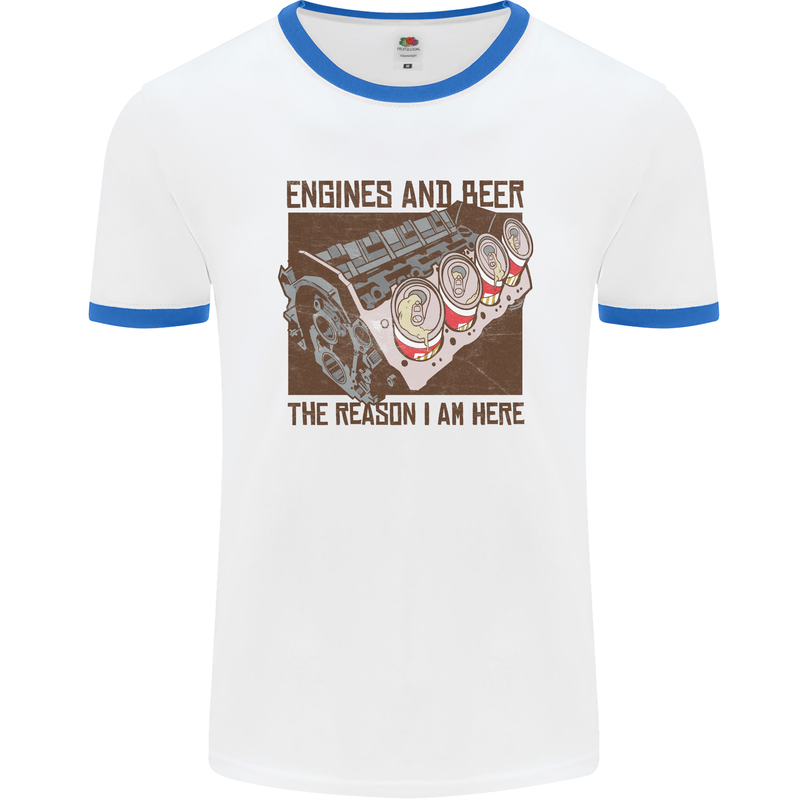 Engines & Beer Cars Hot Rod Mechanic Funny Mens White Ringer T-Shirt White/Royal Blue