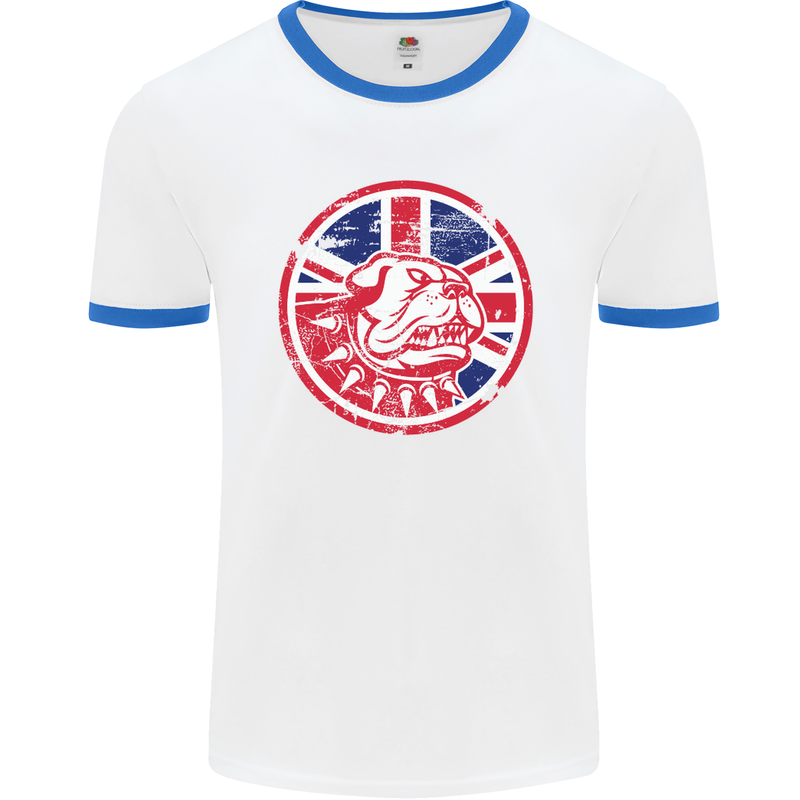 Union Jack British Bulldog St Georges Day Mens White Ringer T-Shirt White/Royal Blue