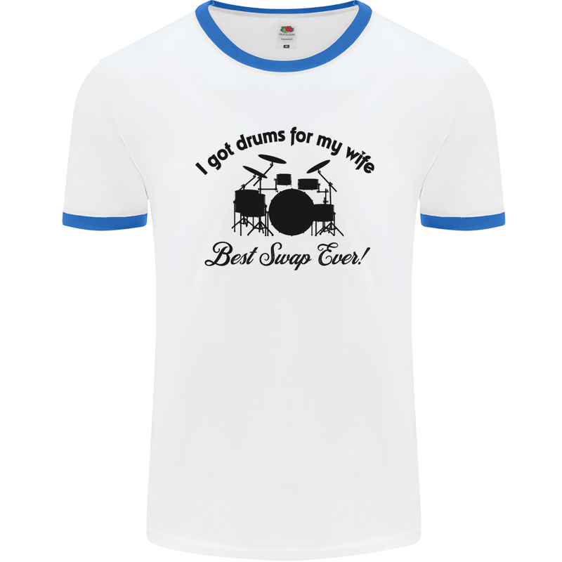 Drums for My Wife Drumming Drummer Mens White Ringer T-Shirt White/Royal Blue