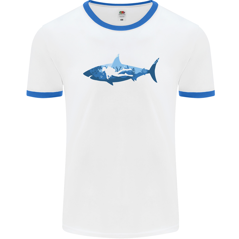 Great White Shark Scuba Diver Diving Mens White Ringer T-Shirt White/Royal Blue