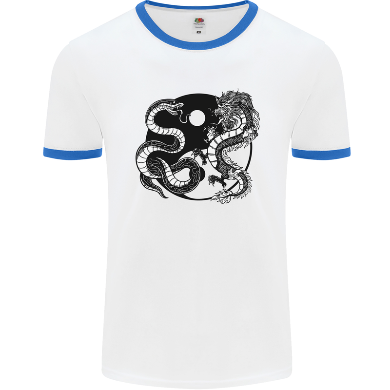 Yin Yang Dragons Japan Japanese Mens White Ringer T-Shirt White/Royal Blue