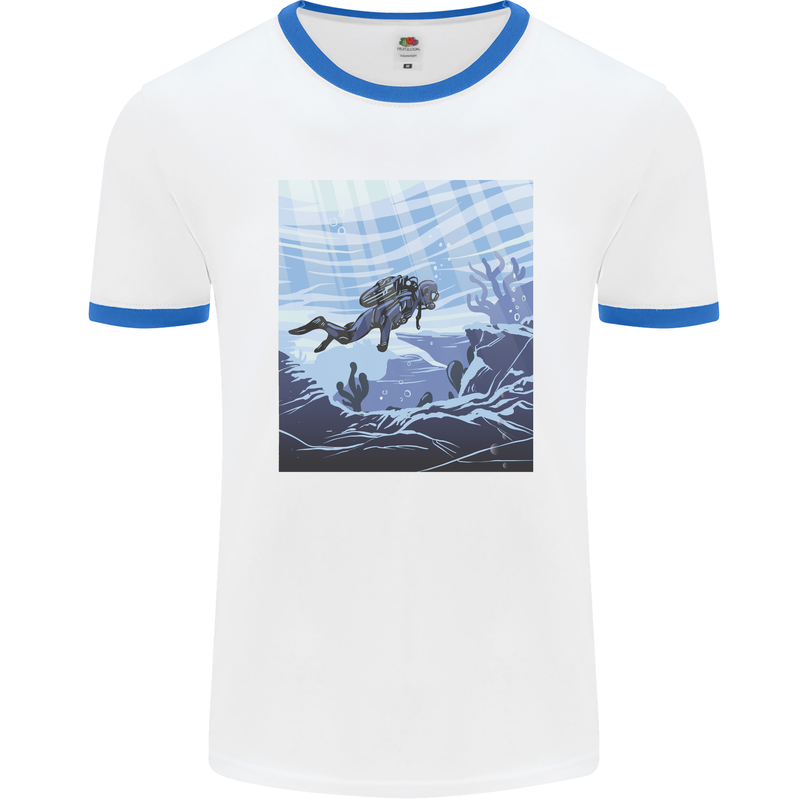 A Deep Sea Scuba Diver Diving Mens Ringer T-Shirt White/Royal Blue