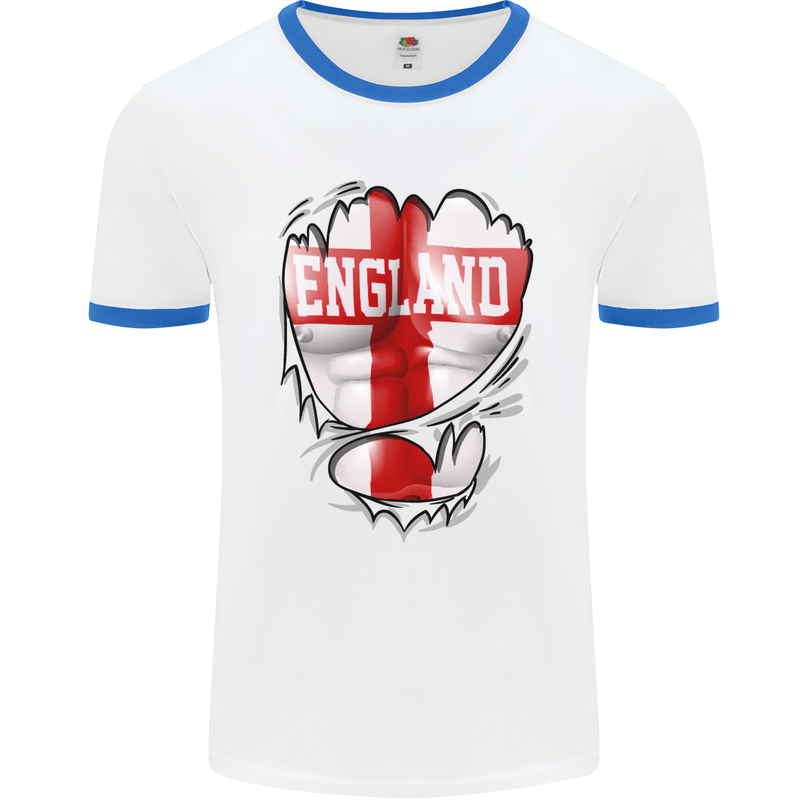 Gym St. George's Cross English Flag England Mens White Ringer T-Shirt White/Royal Blue