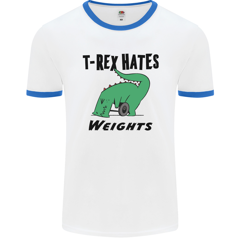 T-Rex Hates Weights Funny Gym Workout Mens White Ringer T-Shirt White/Royal Blue