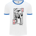 Japanese T-Rex Ninja MMA Mixed Martial Arts Mens White Ringer T-Shirt White/Royal Blue