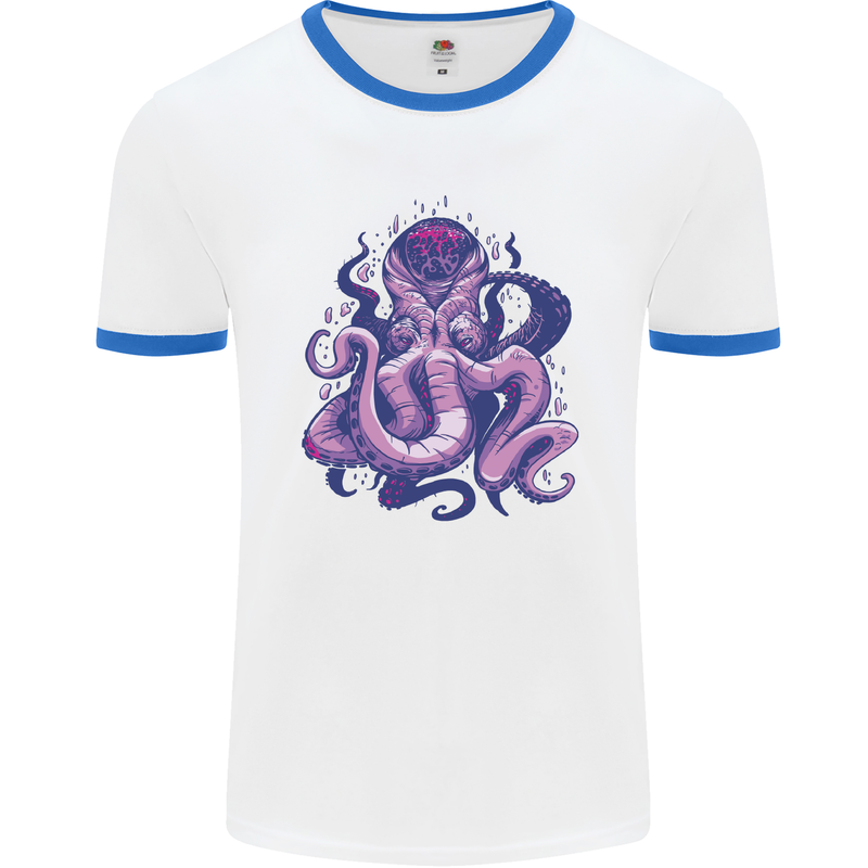 Purple Cthulhu Kraken Octopus Mens White Ringer T-Shirt White/Royal Blue