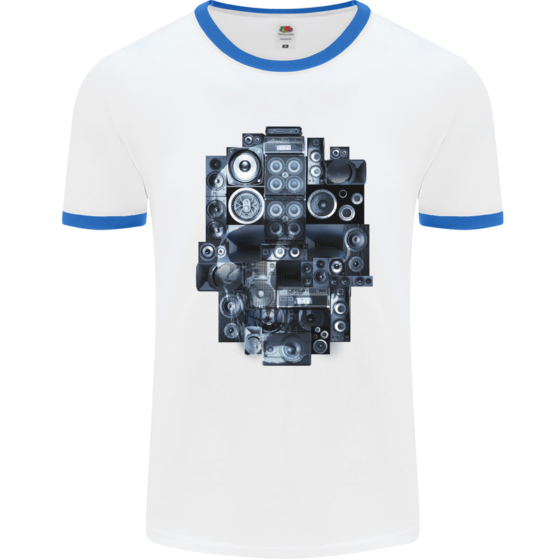 Speaker Skull Music Hi-Fi Mens White Ringer T-Shirt White/Royal Blue