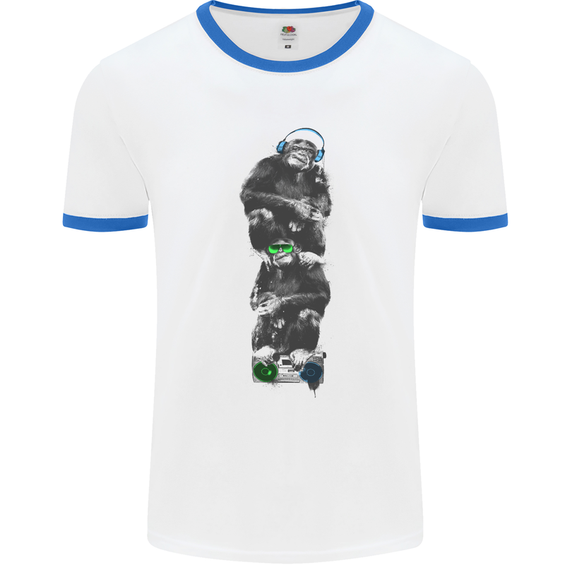 Monkey Music Ghetto Blaster Retro Funny Mens White Ringer T-Shirt White/Royal Blue