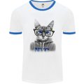 New York City Cat With Glasses Mens White Ringer T-Shirt White/Royal Blue