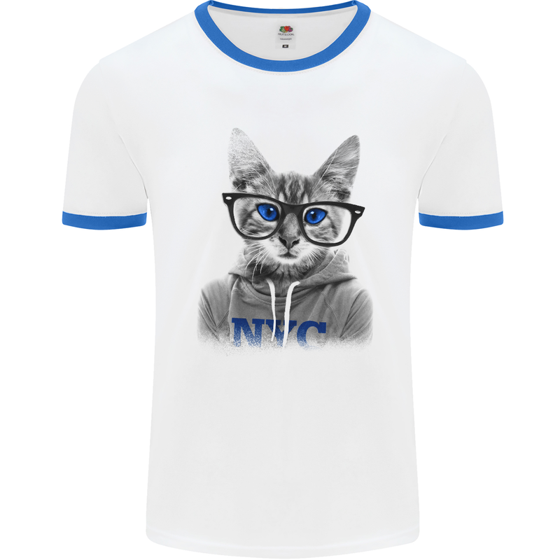 New York City Cat With Glasses Mens White Ringer T-Shirt White/Royal Blue