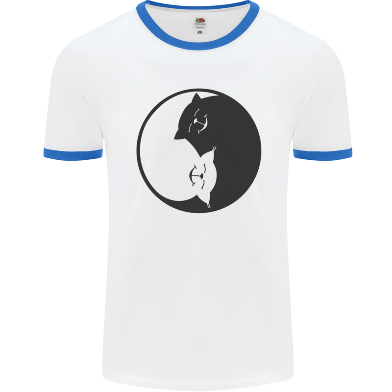 Yin Yang Cat Lover Funny Kitten Pet Mens White Ringer T-Shirt White/Royal Blue