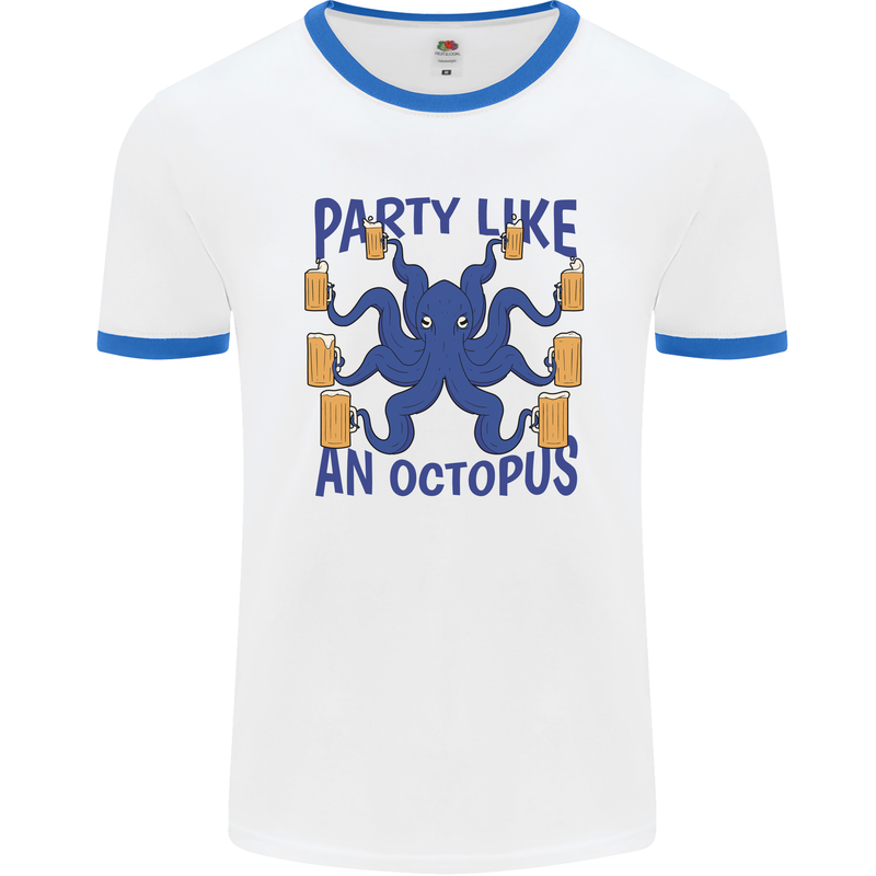 Beer Party Octopus Scuba Diving Diver Funny Mens White Ringer T-Shirt White/Royal Blue