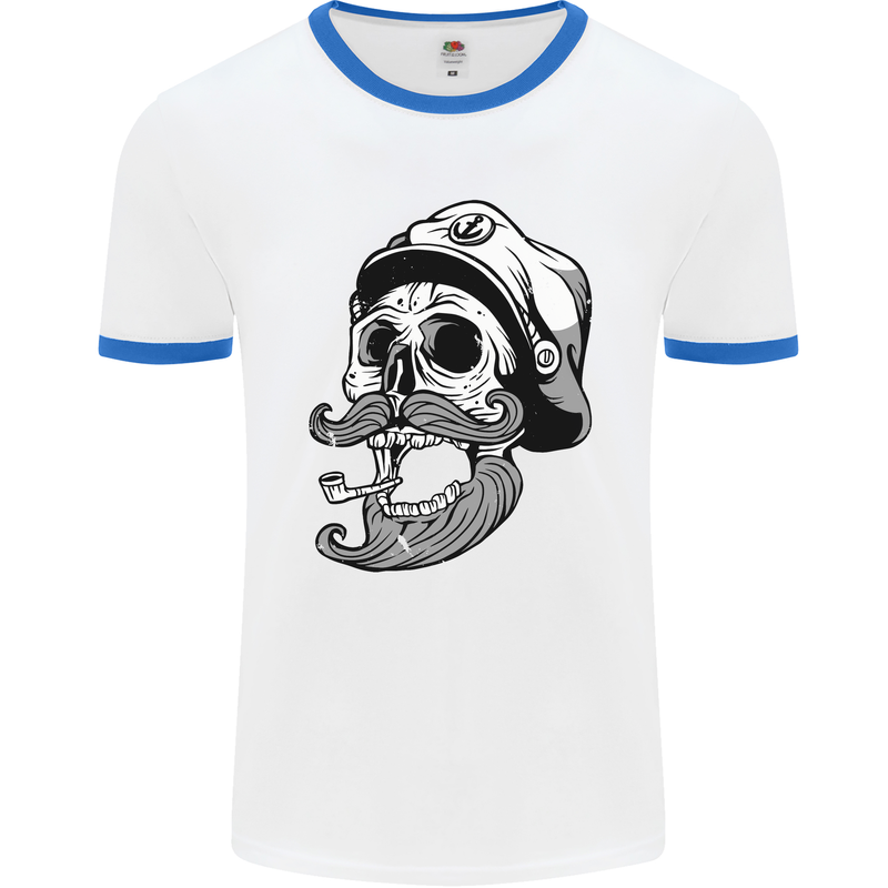 Old Sailor Skull Sailing Captain Mens White Ringer T-Shirt White/Royal Blue