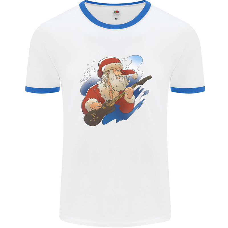 Guitar Santa Funny Christmas Rock n Roll Mens White Ringer T-Shirt White/Royal Blue