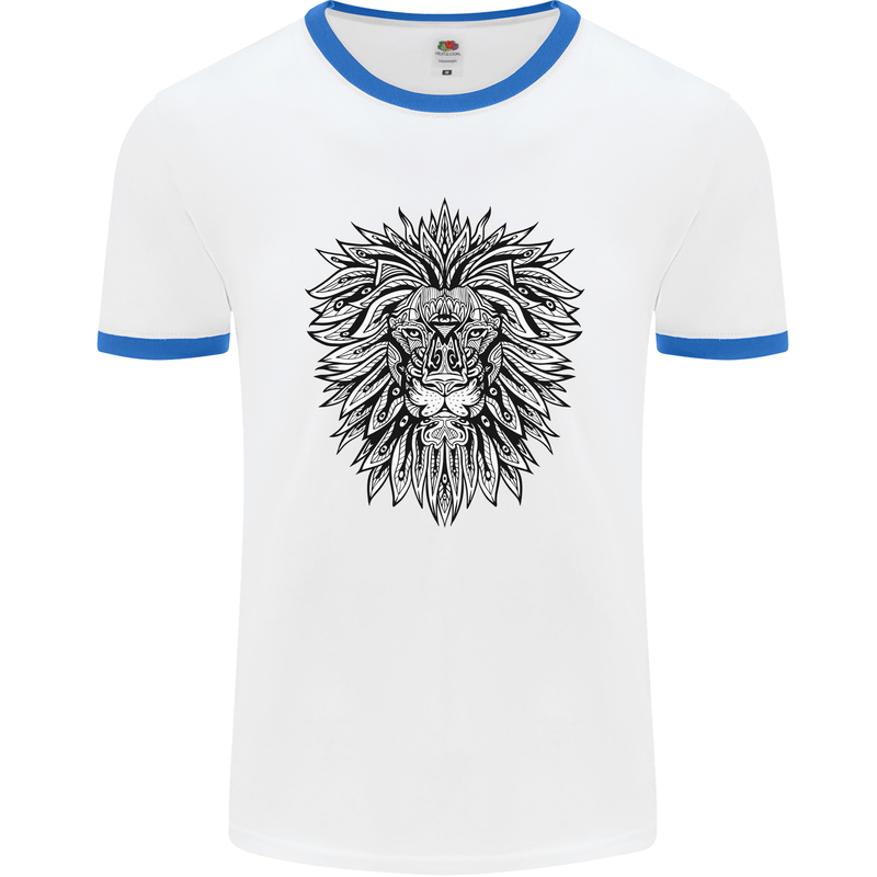 Lion Mandala Art Mens White Ringer T-Shirt White/Royal Blue