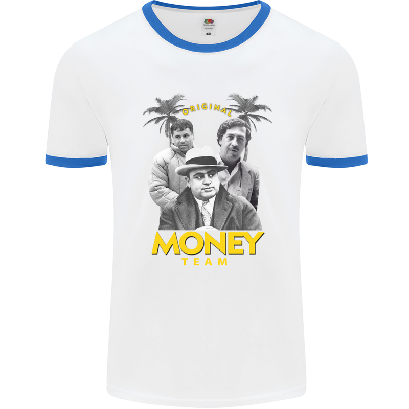 Money Team Pablo Escobar El Chapo Al Capone Mens White Ringer T-Shirt White/Royal Blue