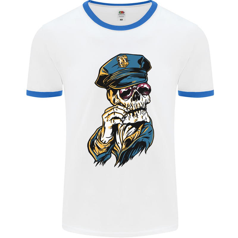 Policeman Skull Police Officer Force Mens White Ringer T-Shirt White/Royal Blue