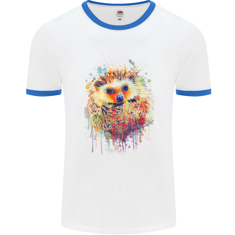 Watercolour Hedgehog Mens White Ringer T-Shirt White/Royal Blue