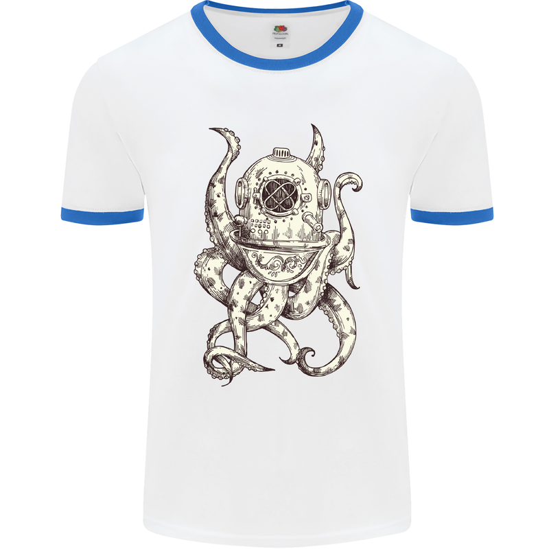 Steampunk Octopus Kraken Cthulhu Mens White Ringer T-Shirt White/Royal Blue