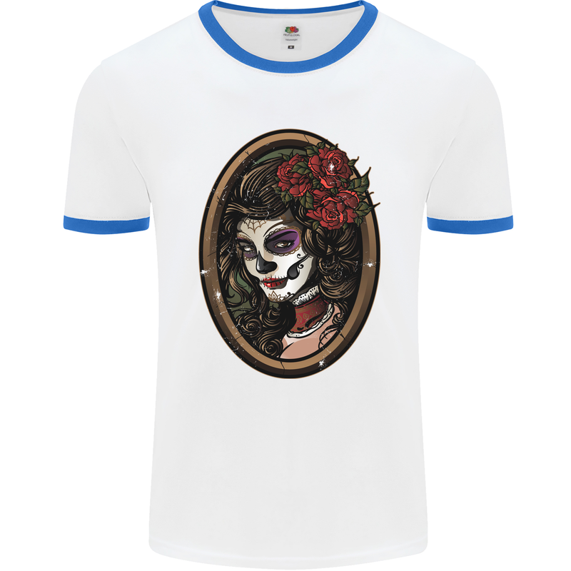 Day of the Dead La Catrina DOTD Sugar Skull Mens White Ringer T-Shirt White/Royal Blue