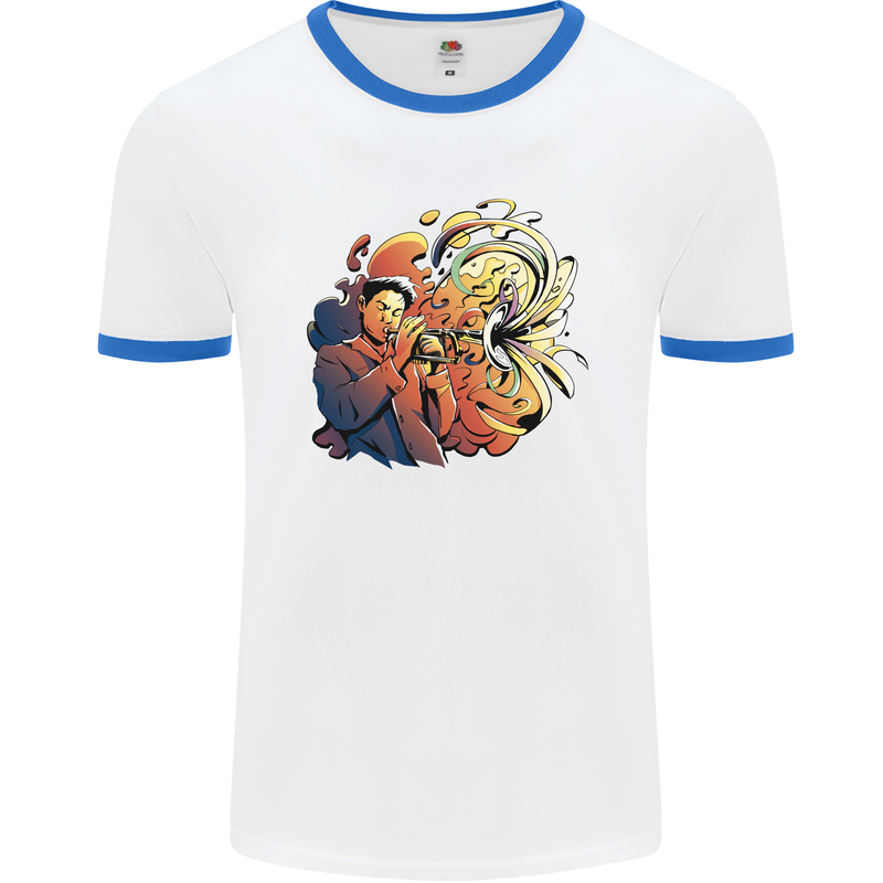 Tumpet Player Jazz Mens White Ringer T-Shirt White/Royal Blue