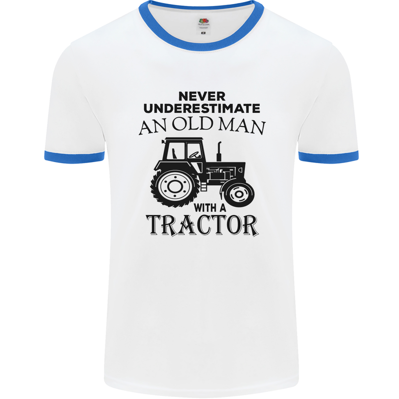 Old Man With a Tractor Driver Farmer Farm Mens White Ringer T-Shirt White/Royal Blue